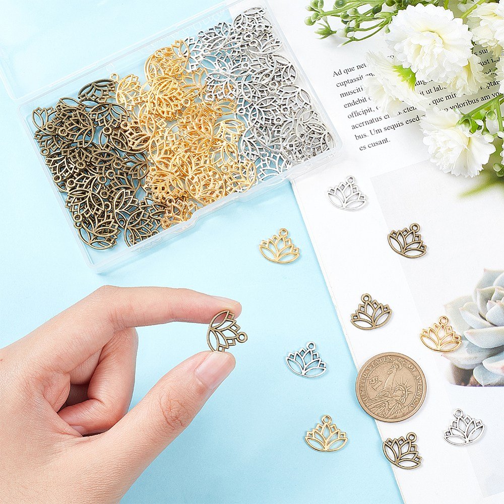 120개 연꽃 합금 패션펜던트 DIY 악세사리 귀걸이 목걸이 키링 부자재 14x16x1.4mm 구멍: 1.5mm, 혼합 색상 상세 이미지 2