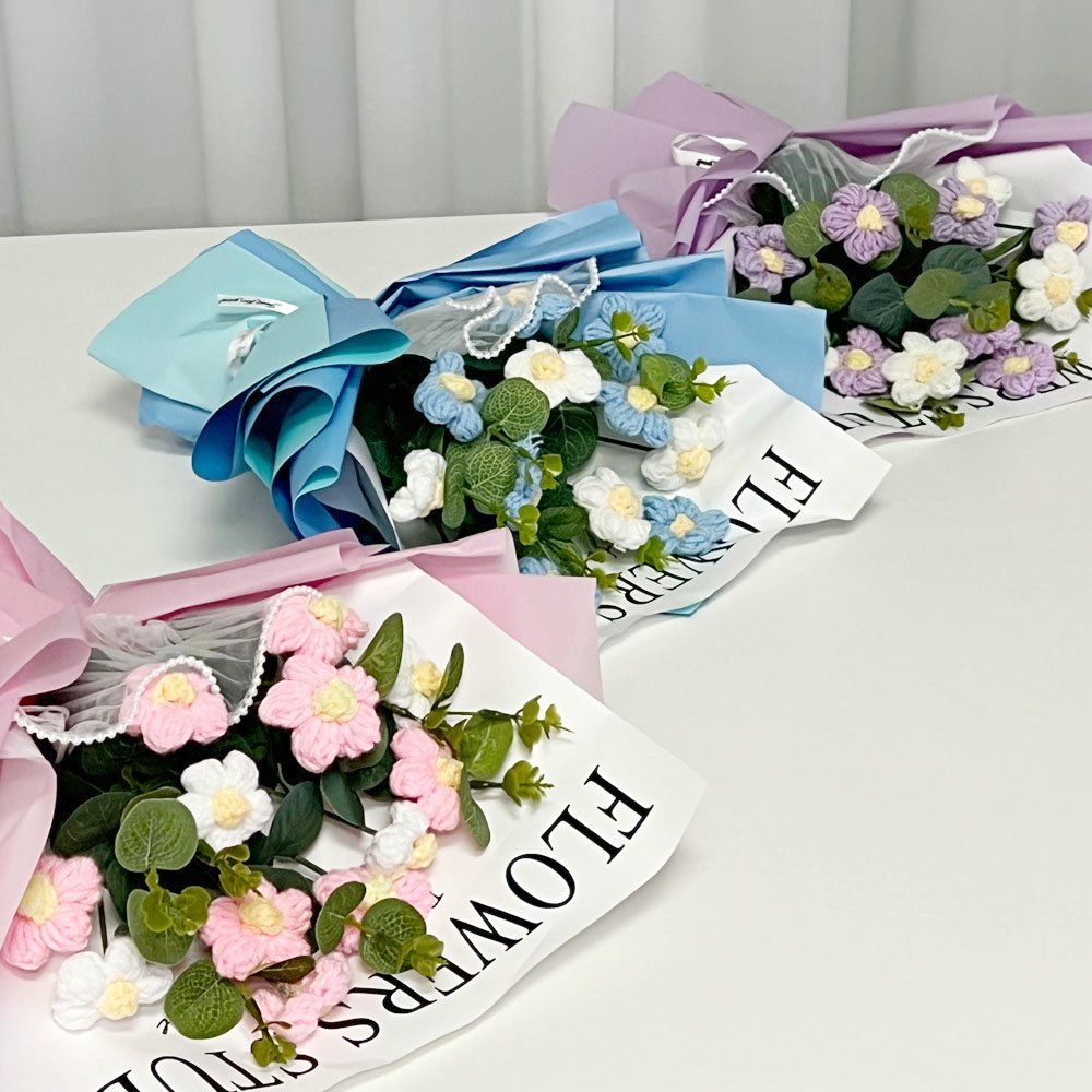 니트꽃다발 완제품 화분 졸업 축하 선물 조화 니트꽃송이 뜨개꽃다발 미니꽃다발, 꽃다발 보라, 1개 상세 이미지 1