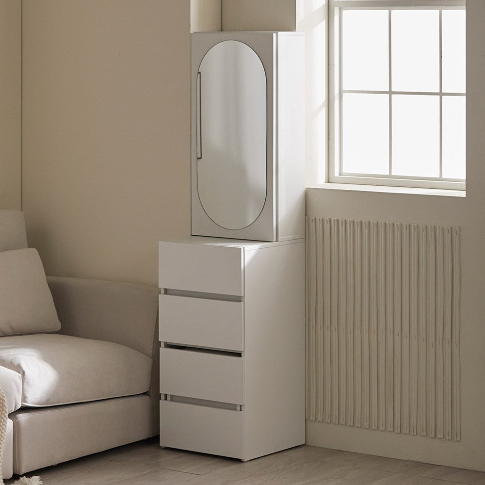 [할인해봄] 파로마 코니2 라운드 거울 틈새수납장 틈새화장대 스툴세트, 02A 화이트할인 상세 이미지 1