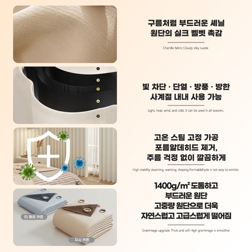 쉬닐 원단 5층 소재 고중량 드리움감 있는 커튼 형상기억 100% 암막커튼 단열 방한 방풍 방음 아일릿형 거실과 침실 커튼 2p할인 상세 이미지 2