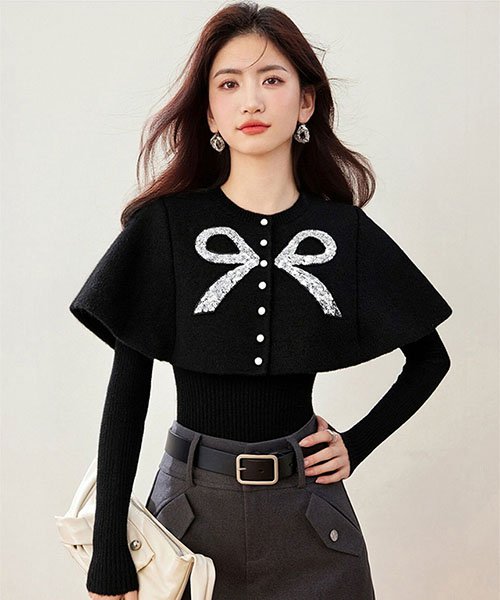 [루씨앤] 제레미 여성니트 라운드넥 긴팔 케이프 리본 슬림 겨울 숄 하객룩 결혼식 992 상세 이미지 1