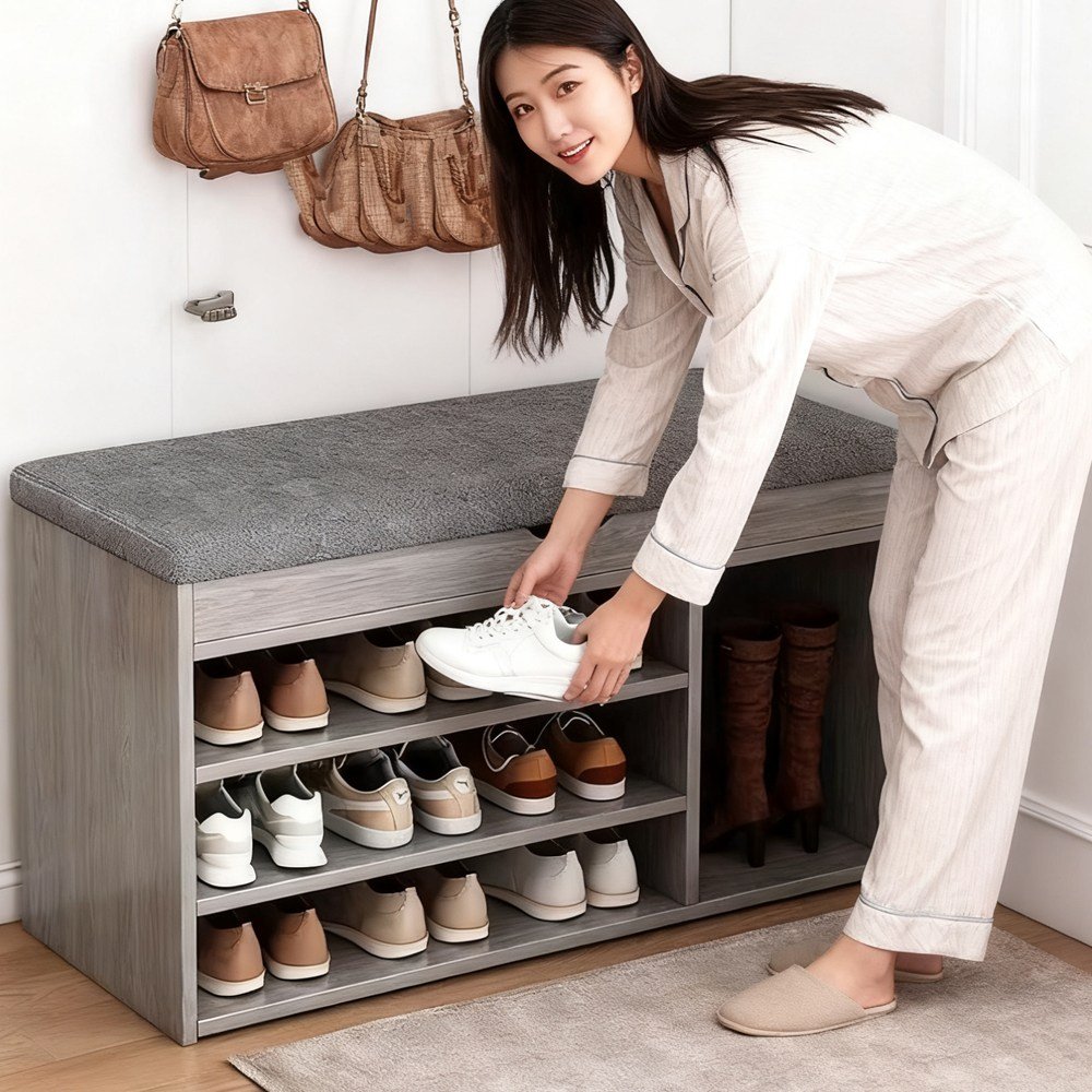 하루꿈 신발장 정리함 다용도 보관함 현관 의자 벤치형 신발 뚜껑 수납 스툴 신발 정리함, 2단, 그레이할인 상세 이미지 1